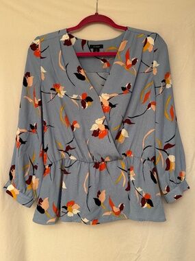 Halogen Periwinkle Blue Floral Wrap Peplum Blouse Balloon Sleeve — Size M